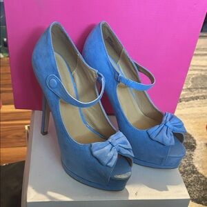 JustFab Sky Blue Suede Peep-Toe Mary Jane Heels with Bow